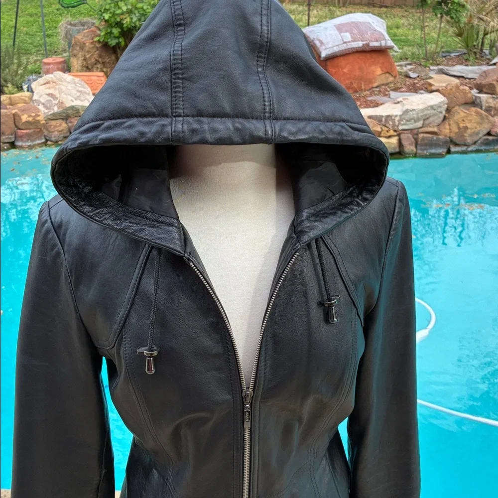 Kenneth Cole Reaction Black Hooded slimming Leather Jacket M - Picture 1 of 8